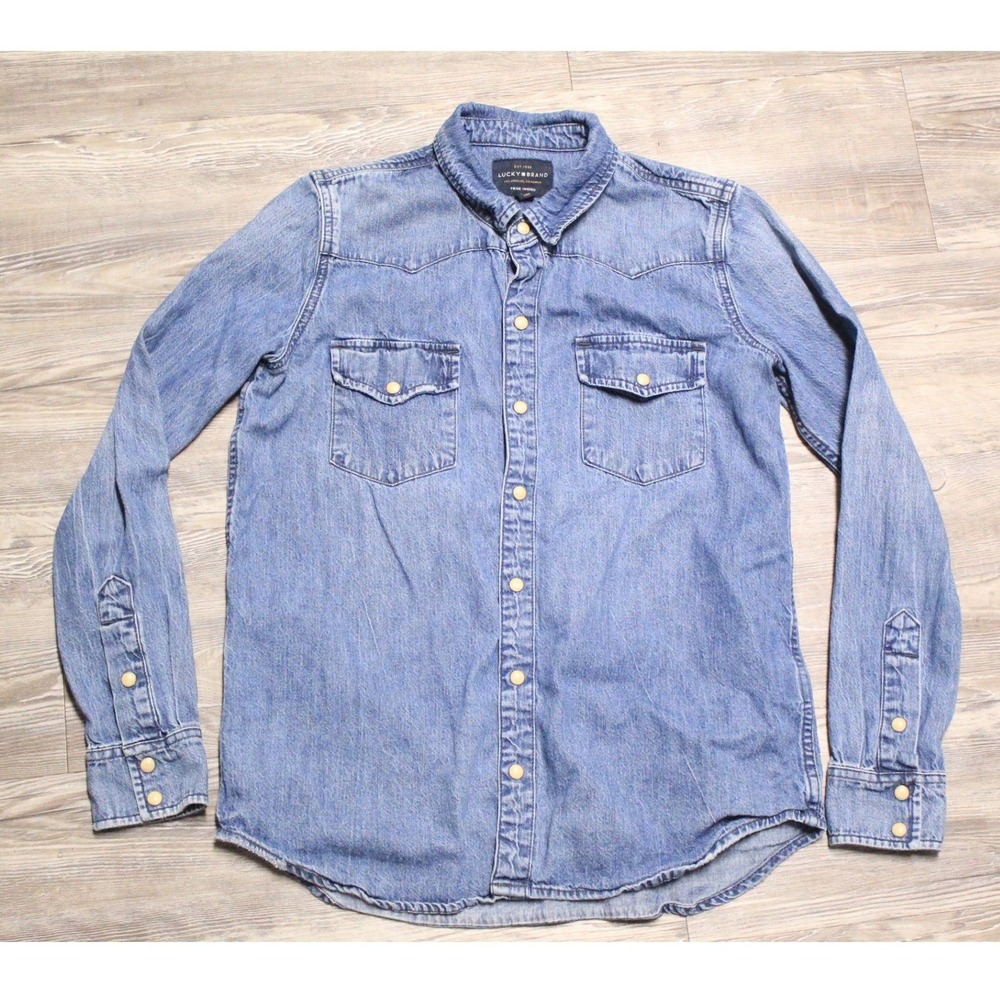 Lucky Brand Shirt Women's Small Blue Denim Western Pearl Snap True Indigo